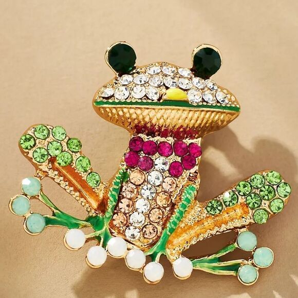 New ANTHROPOLOGIE 18k Gemelli Frog crystal Small Animal broach - Picture 1 of 8